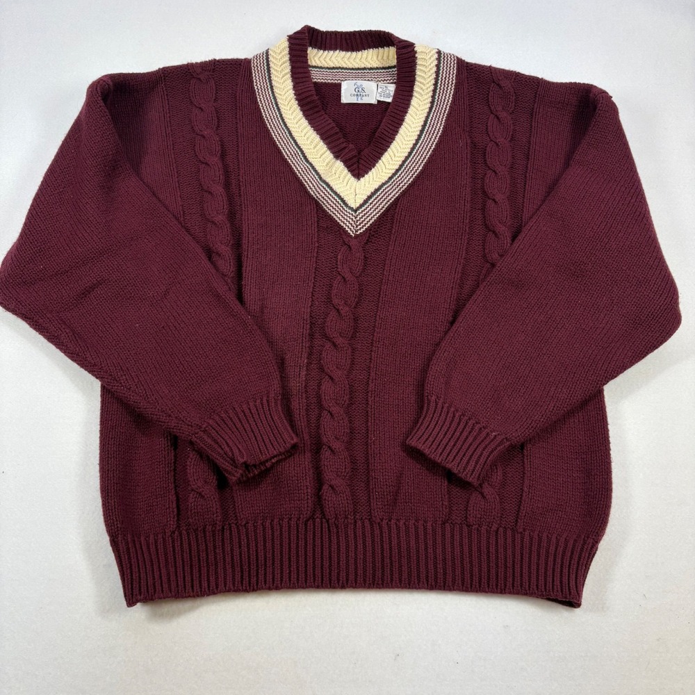 Vintage Cable Knit Sweater Unisex XL Academia Tennis Core‎ Ivy League Burgandy